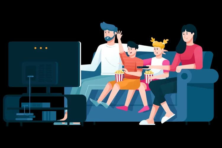 Illustration einer Familie auf dem Sofa vor dem Fernseher, mit Popcorn beim UPIPTV-Abend
