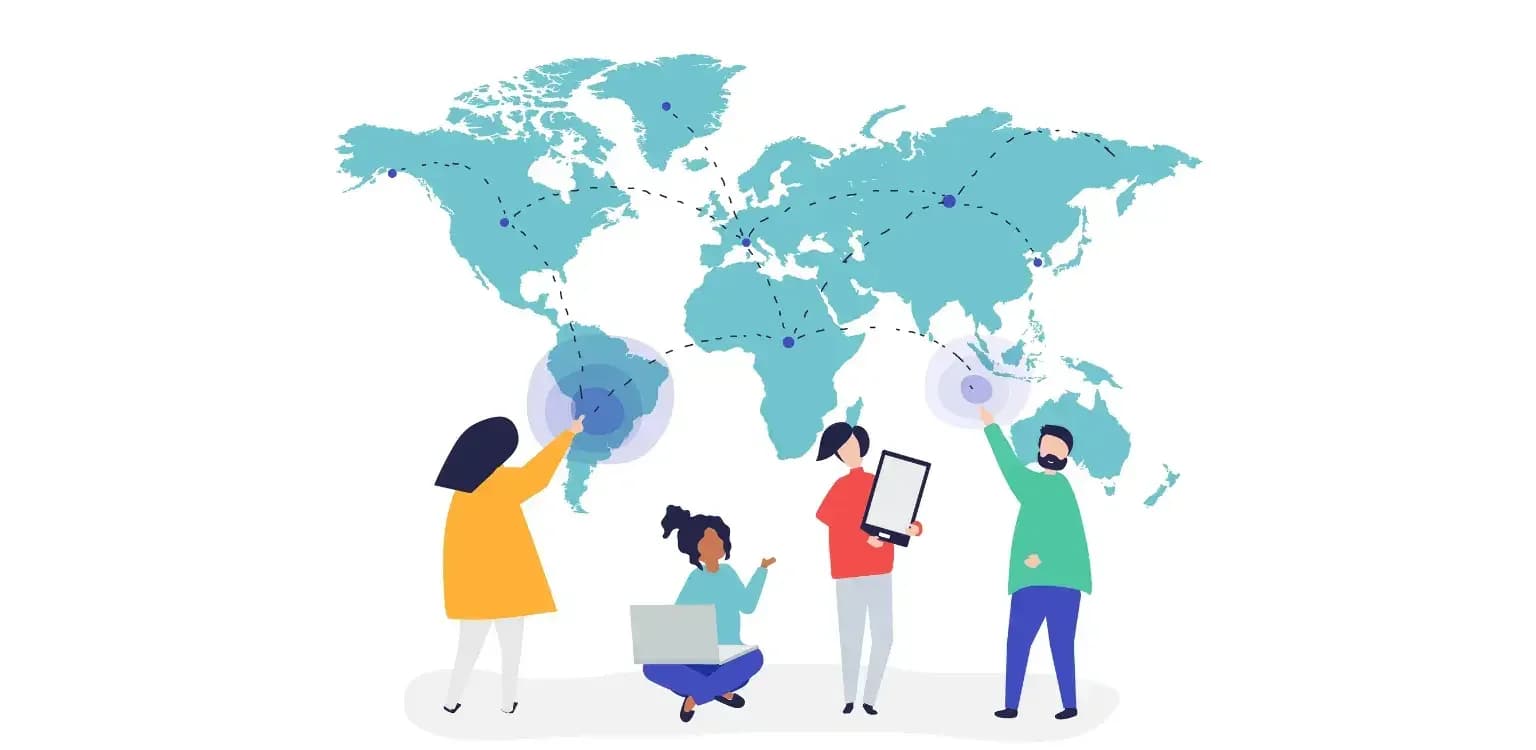 Illustration: Menschen mit Tablet, Laptop und Smartphone vor einer Weltkarte, UPIPTV auf jedem Gerät